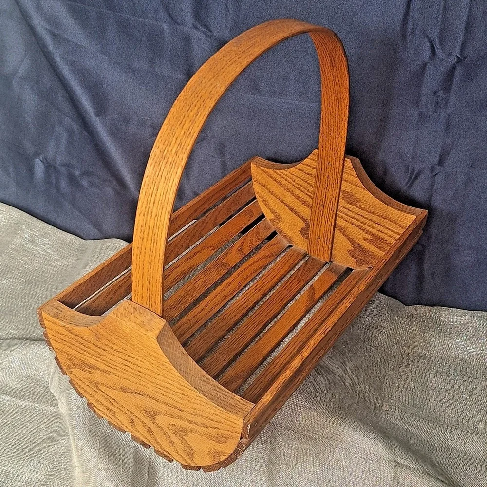 Vintage Oak Wood Slat Basket Tote Trug MCM Bentwood Arch Handle Cross Plains WI
